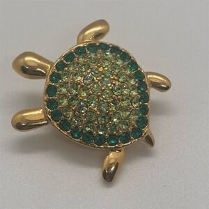 Monet Sea Turtle Brooch Pin Green Rhinestone Pave Shell Signed Vintage